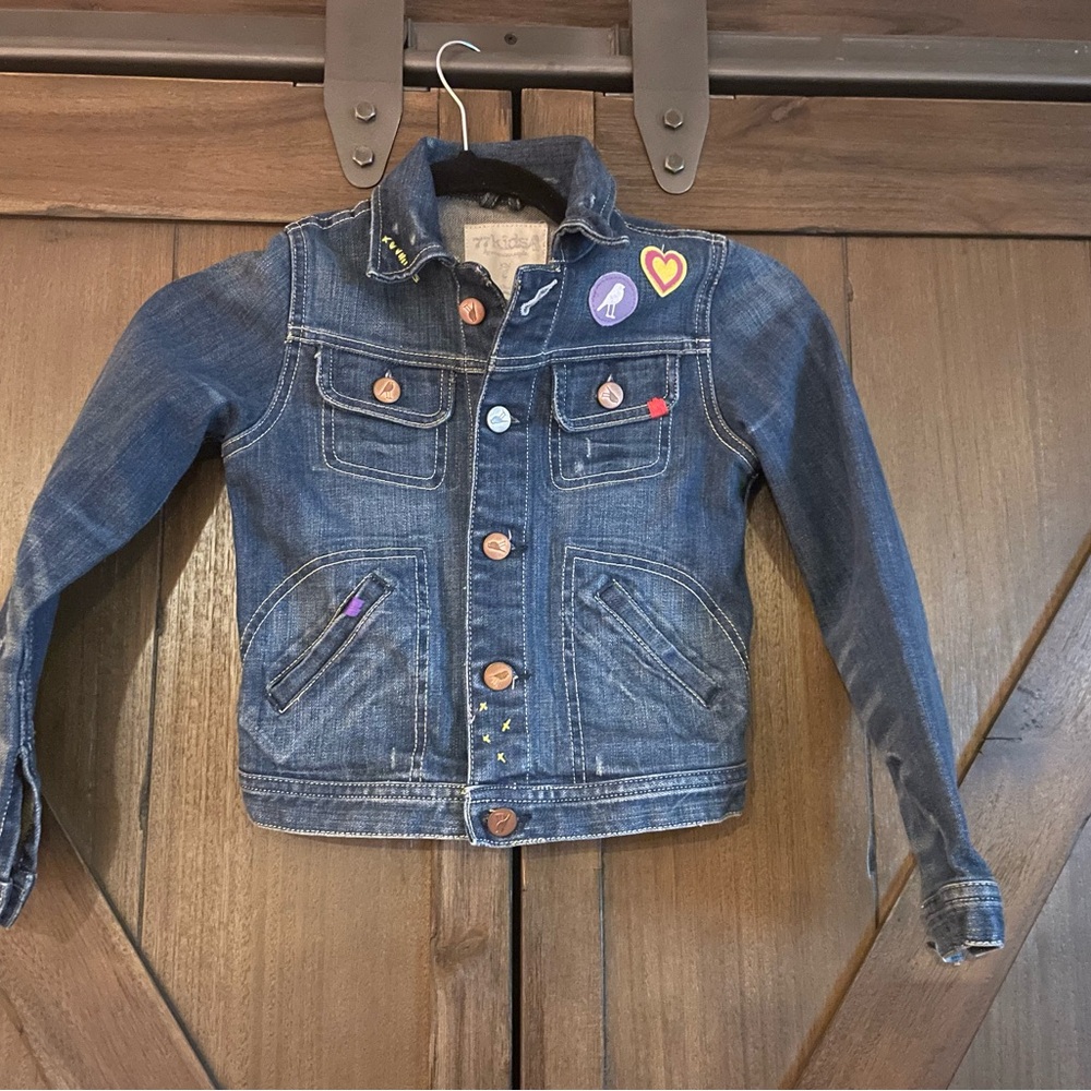 Kids Dark Blue Denim Jacket with Patch Accents